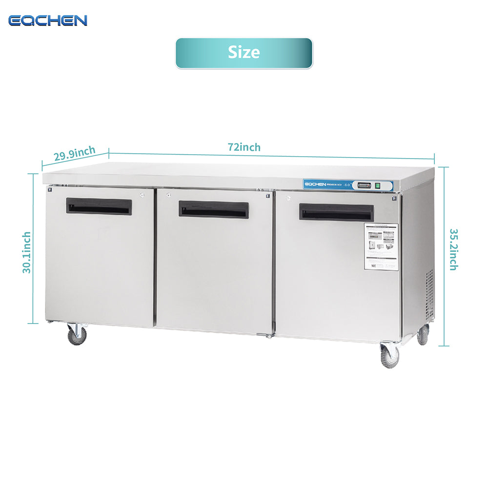 EQCHEN EQTF-72B 72" Commercial Undercounter Three-Door Worktop Freezer, Stainless Steel