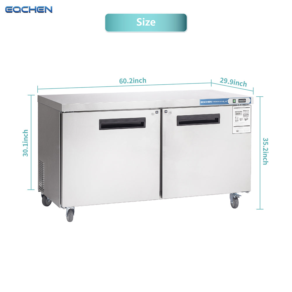 EQCHEN EQTR-60B 60" Commercial Undercounter Double Door Worktop Refrigerator, Stainless Steel