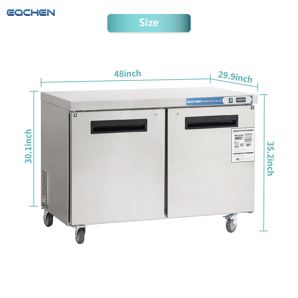 EQCHEN EQTR-48B 48" Commercial Undercounter Double Door Worktop Refrigerator, Stainless Steel
