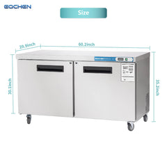 Commercial Undercounter Freezer, EQCHEN 60" Double Door Stainless Steel Lowboy Worktop Freezer 14.8 Cu.ft