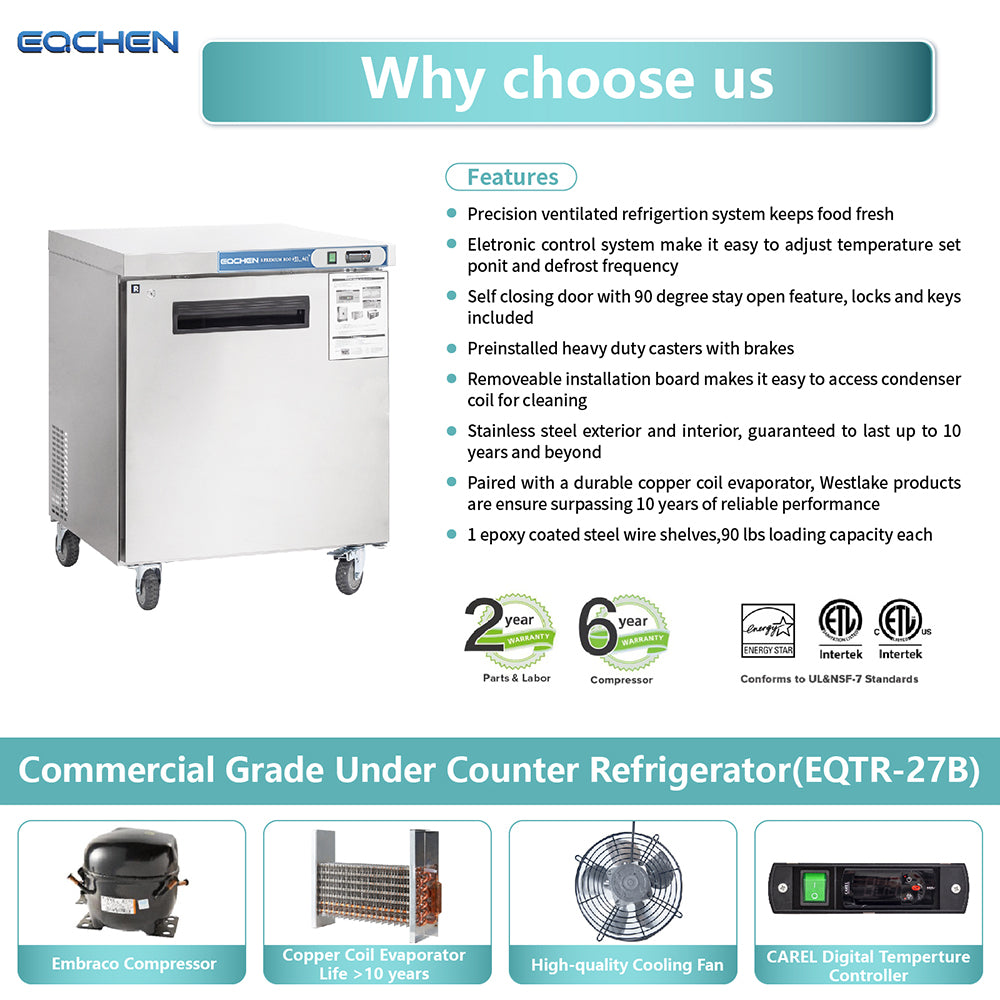 EQCHEN EQTR-27B 27" Commercial Undercounter Worktop Refrigerator, Stainless Steel