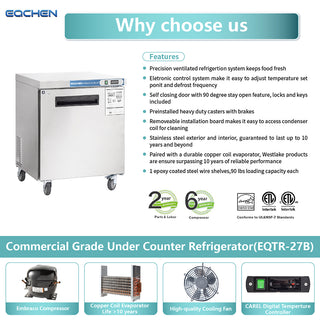 Commercial Undercounter Refrigerator, EQCHEN 28" Single Door Stainless Steel Lowboy Cooler Worktop Fridge 6.3 Cu.ft