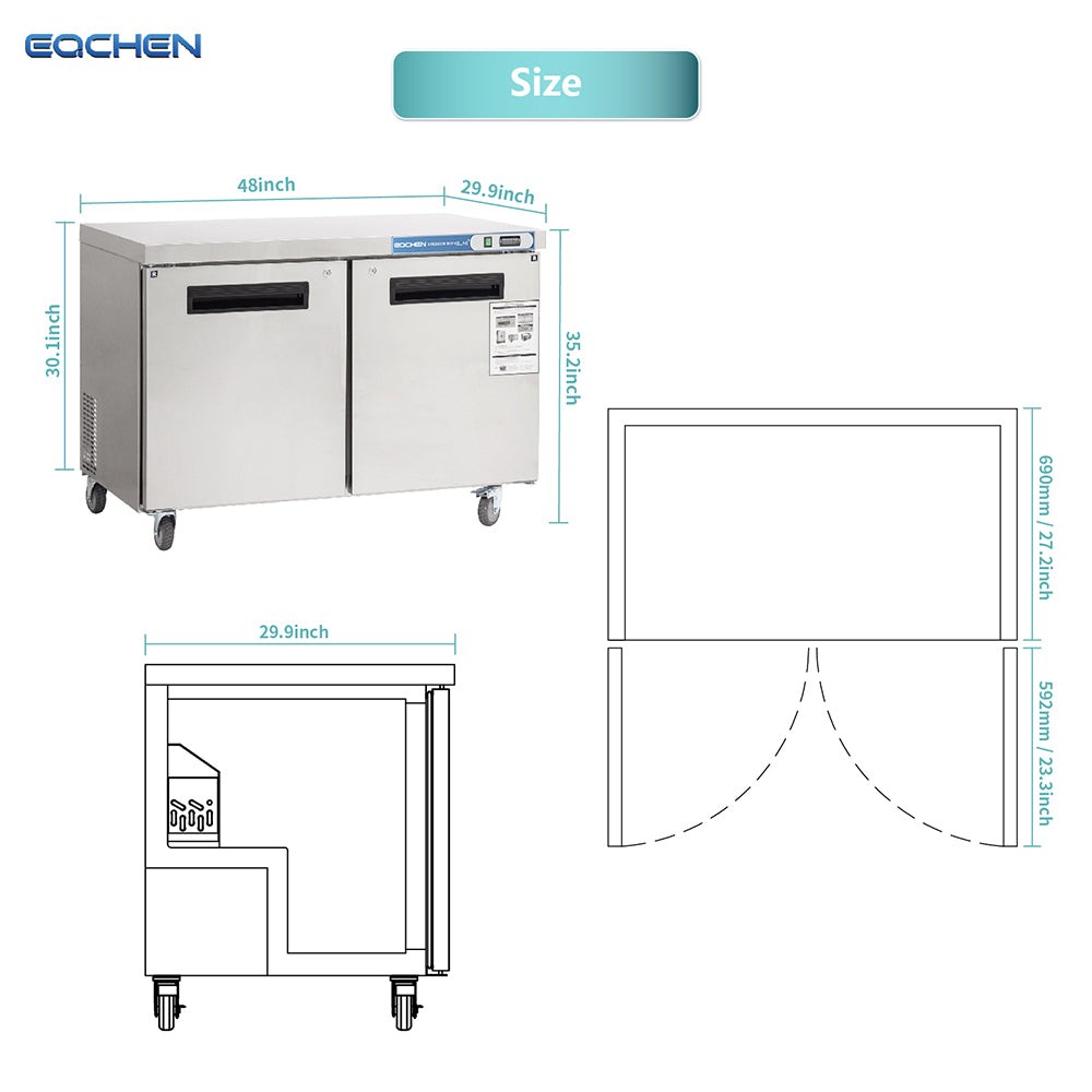EQCHEN EQTR-48B 48" Commercial Undercounter Double Door Worktop Refrigerator, Stainless Steel