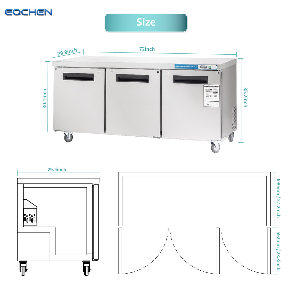 EQCHEN EQTF-72B 72" Commercial Undercounter Three-Door Worktop Freezer, Stainless Steel