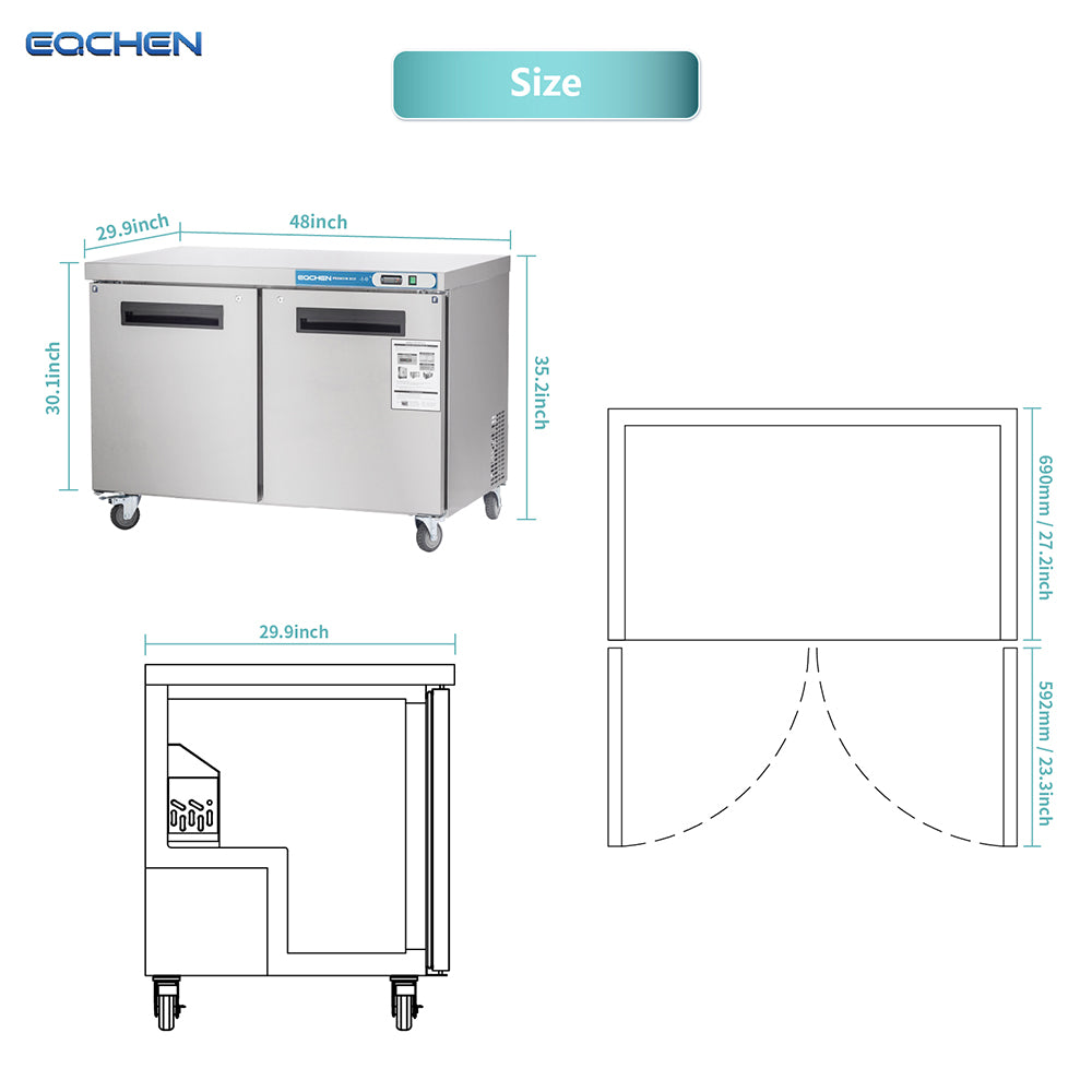 EQCHEN EQTF-48B 48" Commercial Undercounter Double Door Worktop Freezer, Stainless Steel