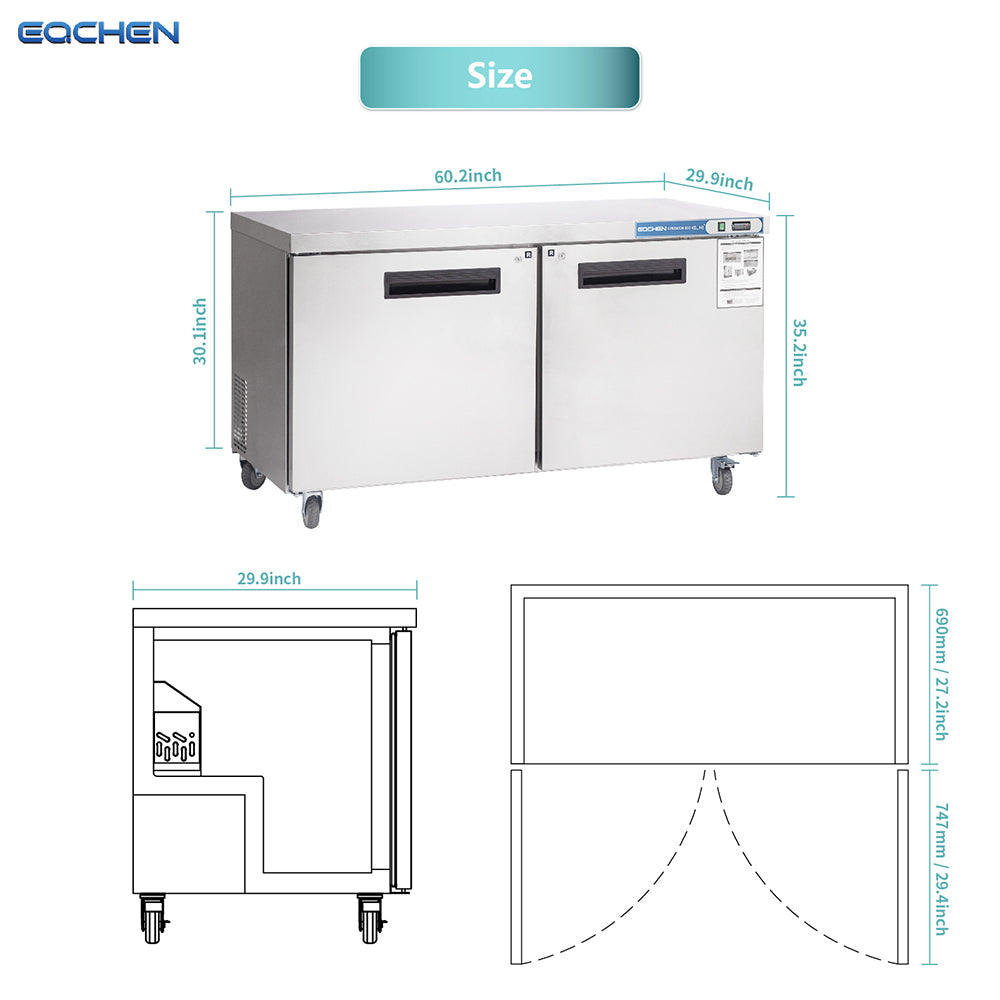 EQCHEN EQTR-60B 60" Commercial Undercounter Double Door Worktop Refrigerator, Stainless Steel