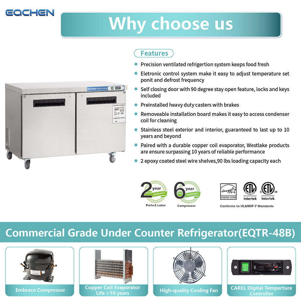 EQCHEN EQTR-48B 48" Commercial Undercounter Double Door Worktop Refrigerator, Stainless Steel
