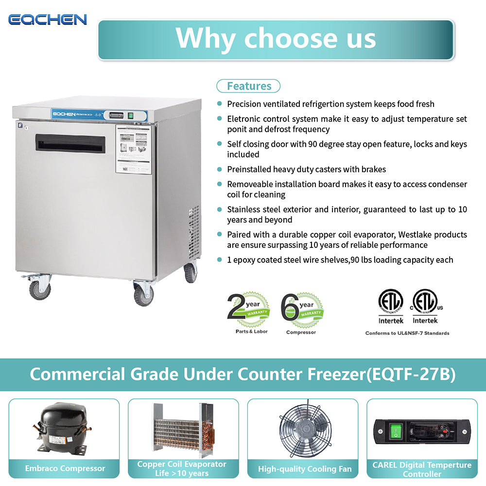 EQCHEN EQTF-27B 27" Commercial Undercounter Worktop Freezer, Stainless Steel