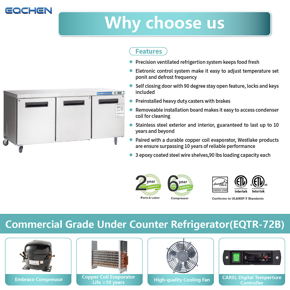 EQCHEN EQTR-72B 72" Commercial Undercounter Three-Door Worktop Refrigerator, Stainless Steel
