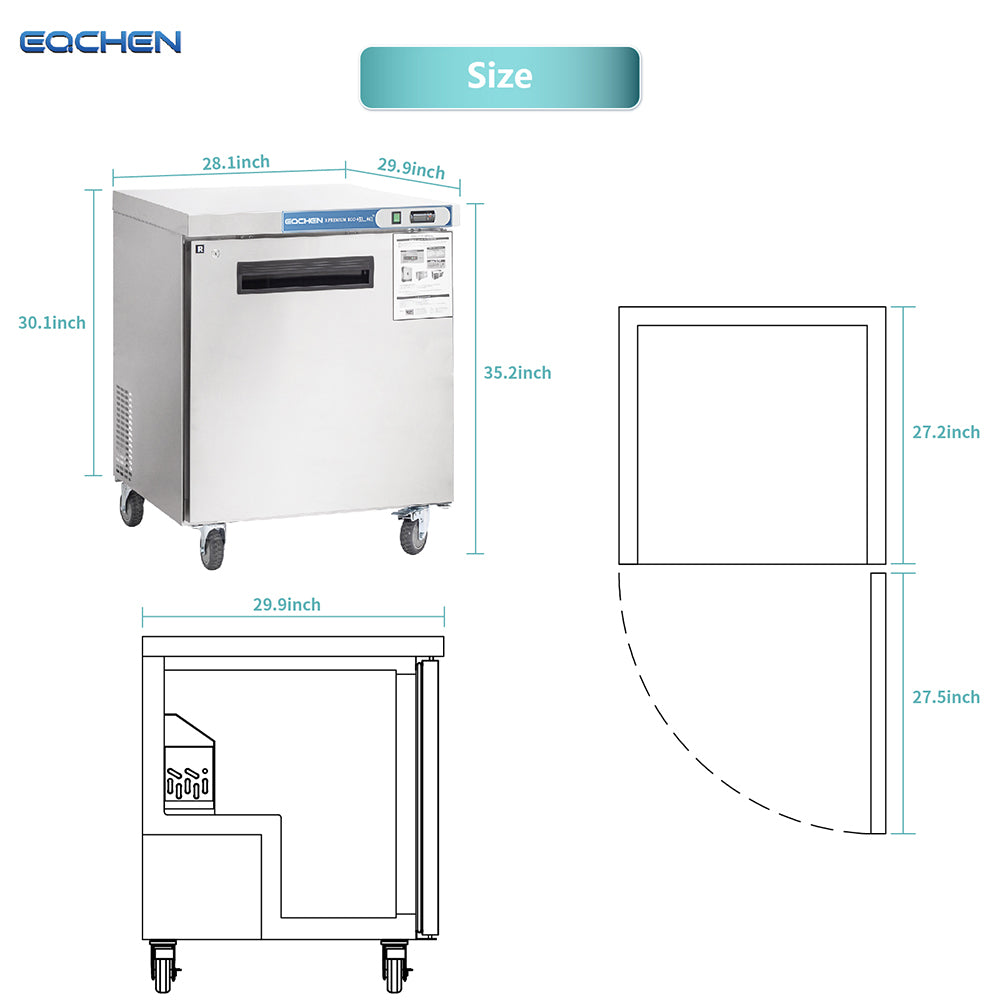 EQCHEN EQTR-27B 27" Commercial Undercounter Worktop Refrigerator, Stainless Steel