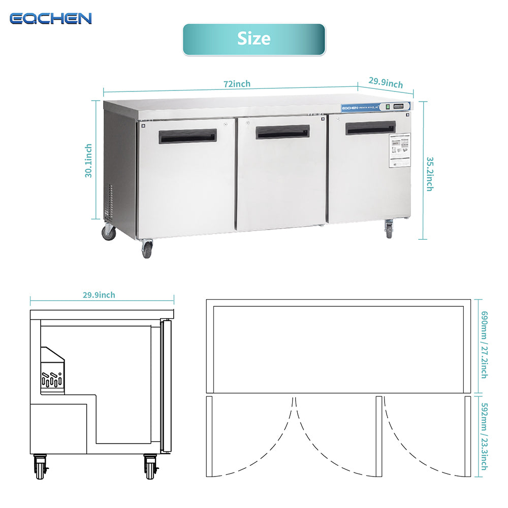 EQCHEN EQTR-72B 72" Commercial Undercounter Three-Door Worktop Refrigerator, Stainless Steel