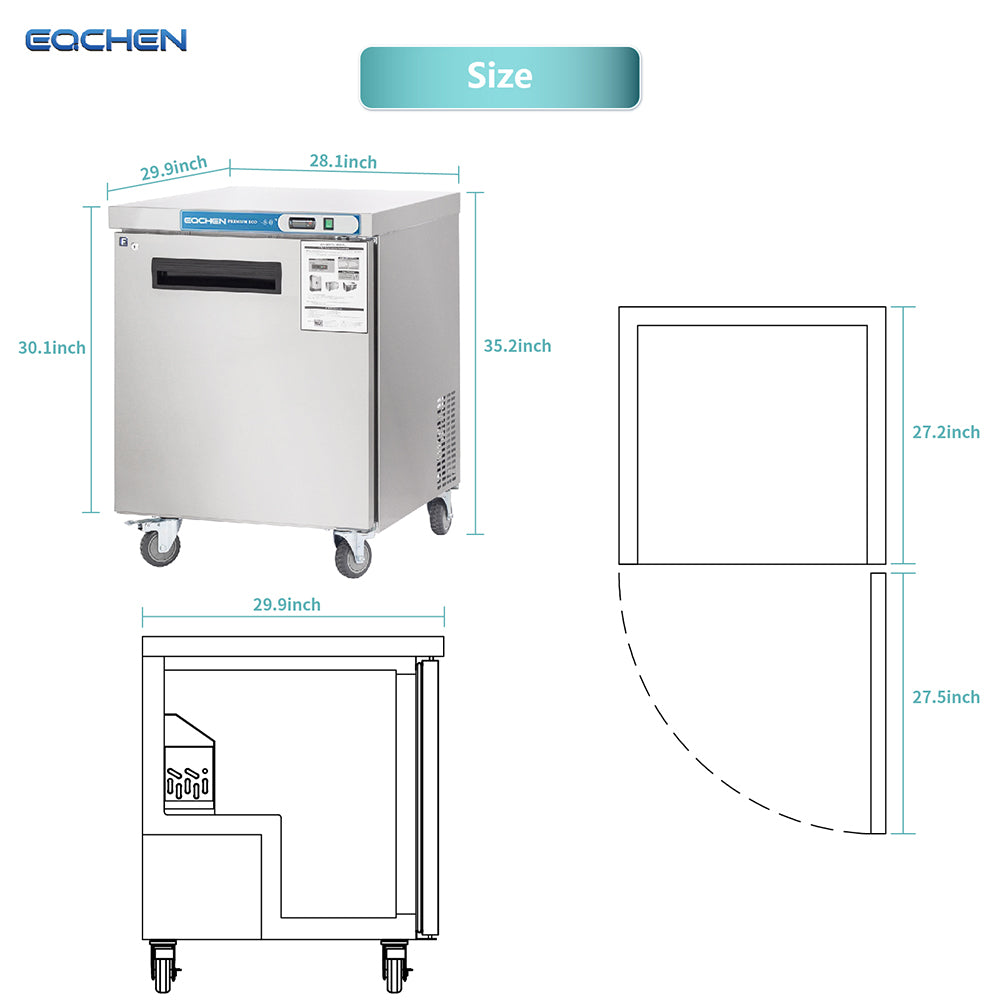EQCHEN EQTF-27B 27" Commercial Undercounter Worktop Freezer, Stainless Steel