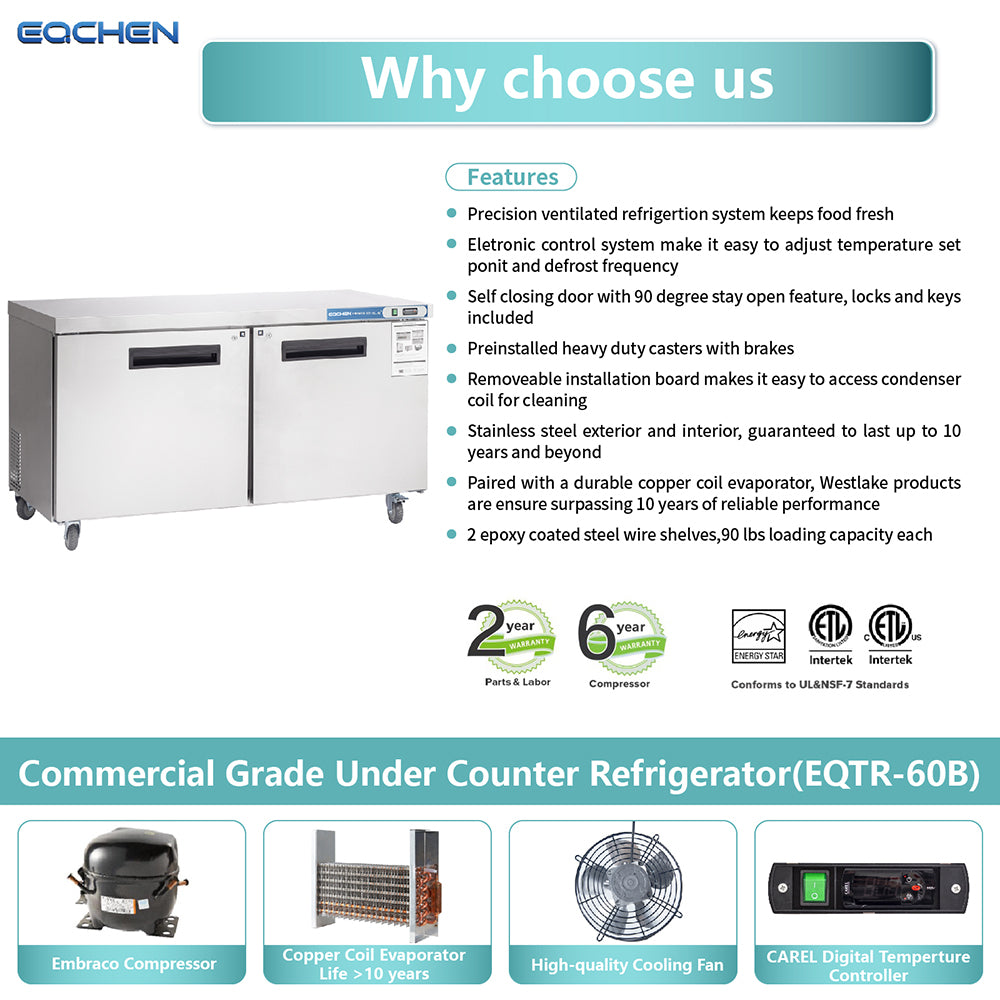 EQCHEN EQTR-60B 60" Commercial Undercounter Double Door Worktop Refrigerator, Stainless Steel