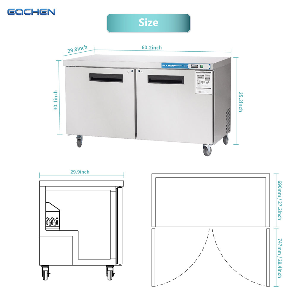 EQCHEN EQTF-60B 60" Commercial Undercounter Double Door Worktop Freezer, Stainless Steel