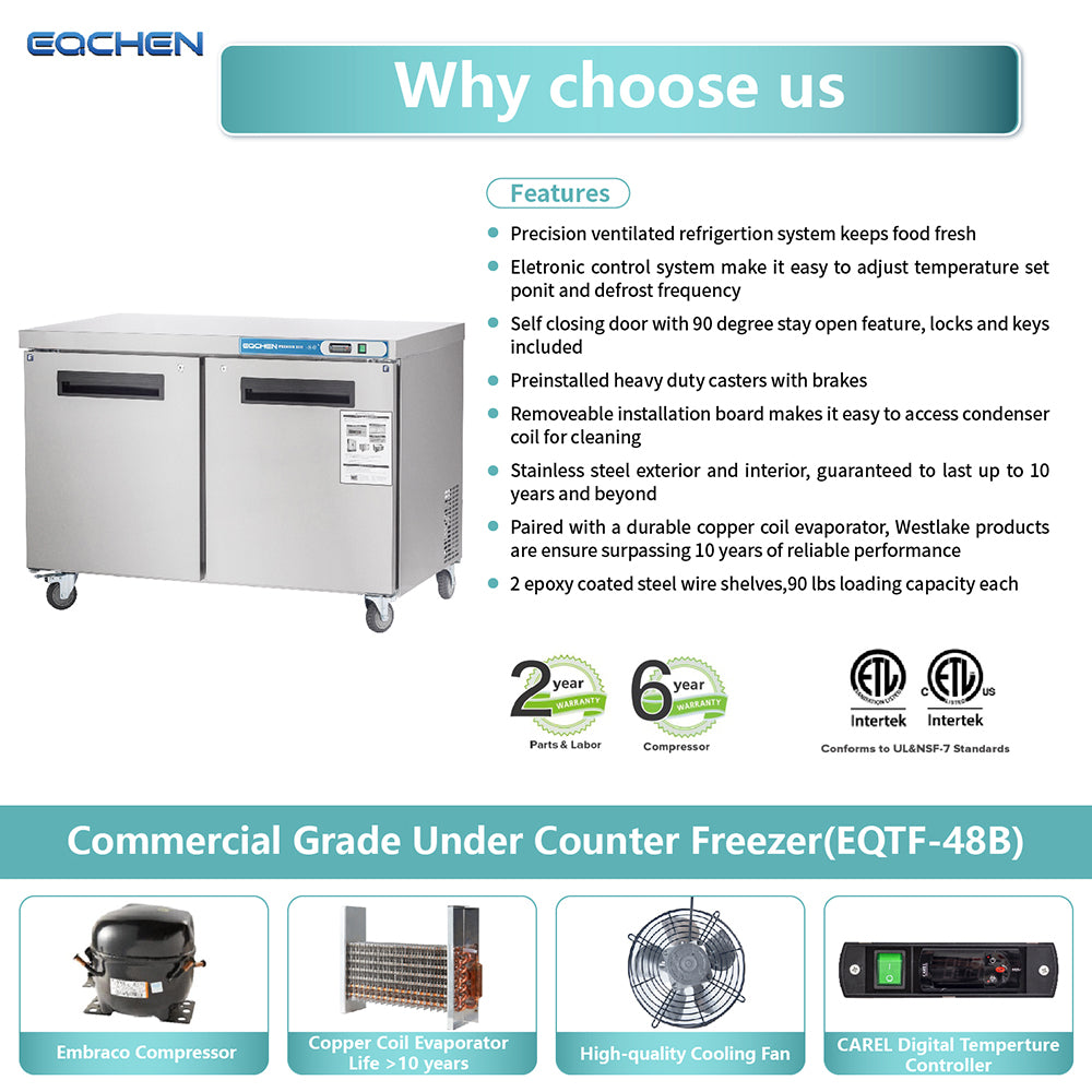 EQCHEN EQTF-48B 48" Commercial Undercounter Double Door Worktop Freezer, Stainless Steel