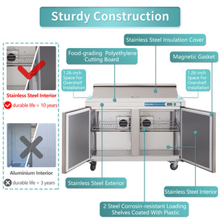 60 inch Salad Sandwich Prep Table Refrigerator, Stainless Steel Food Prep Cooler Stainless Steel
