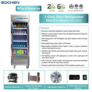 EQCHEN 27 Inch 1 Glass Door Commercial Refrigerator Stainless Steel