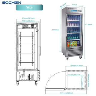 EQCHEN 27 Inch 1 Glass Door Commercial Refrigerator Stainless Steel