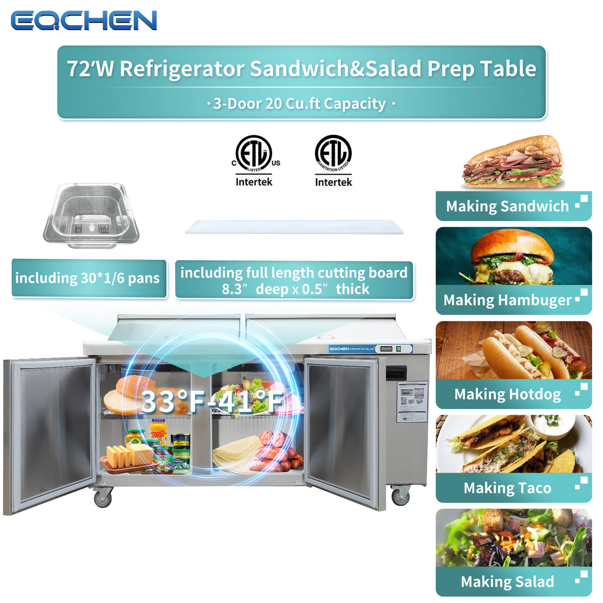 EQCHEN EQSR-72BM 72" Mega Top Commercial Sandwich Prep Table Refrigerator, Stainless Steel