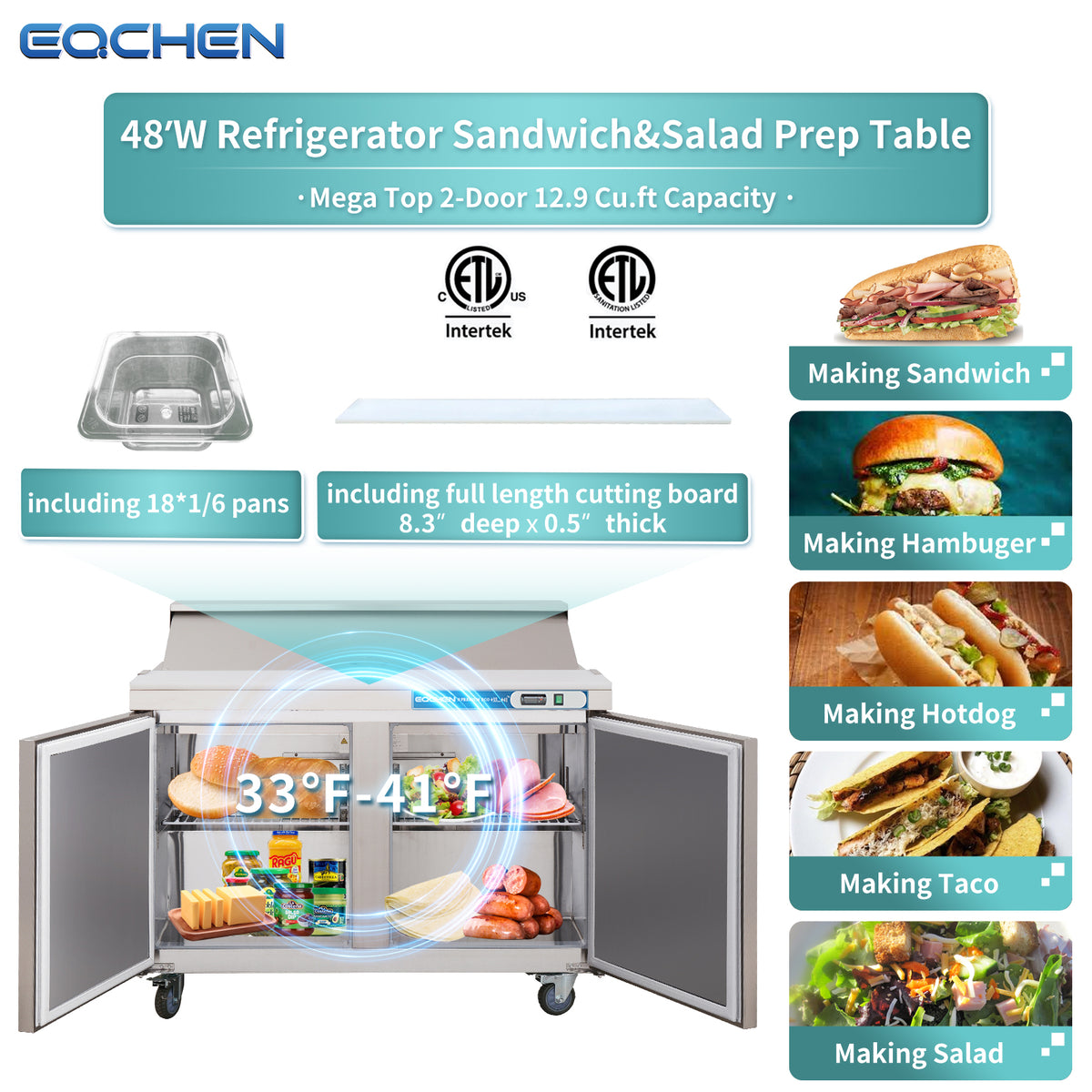 EQCHEN EQSR-48BM 48" Mega Top Commercial Sandwich Prep Table Refrigerator, Stainless Steel