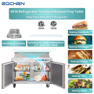 EQCHEN 48 Inch Mega Top Sandwich Prep Table Refrigerator Stainless Steel