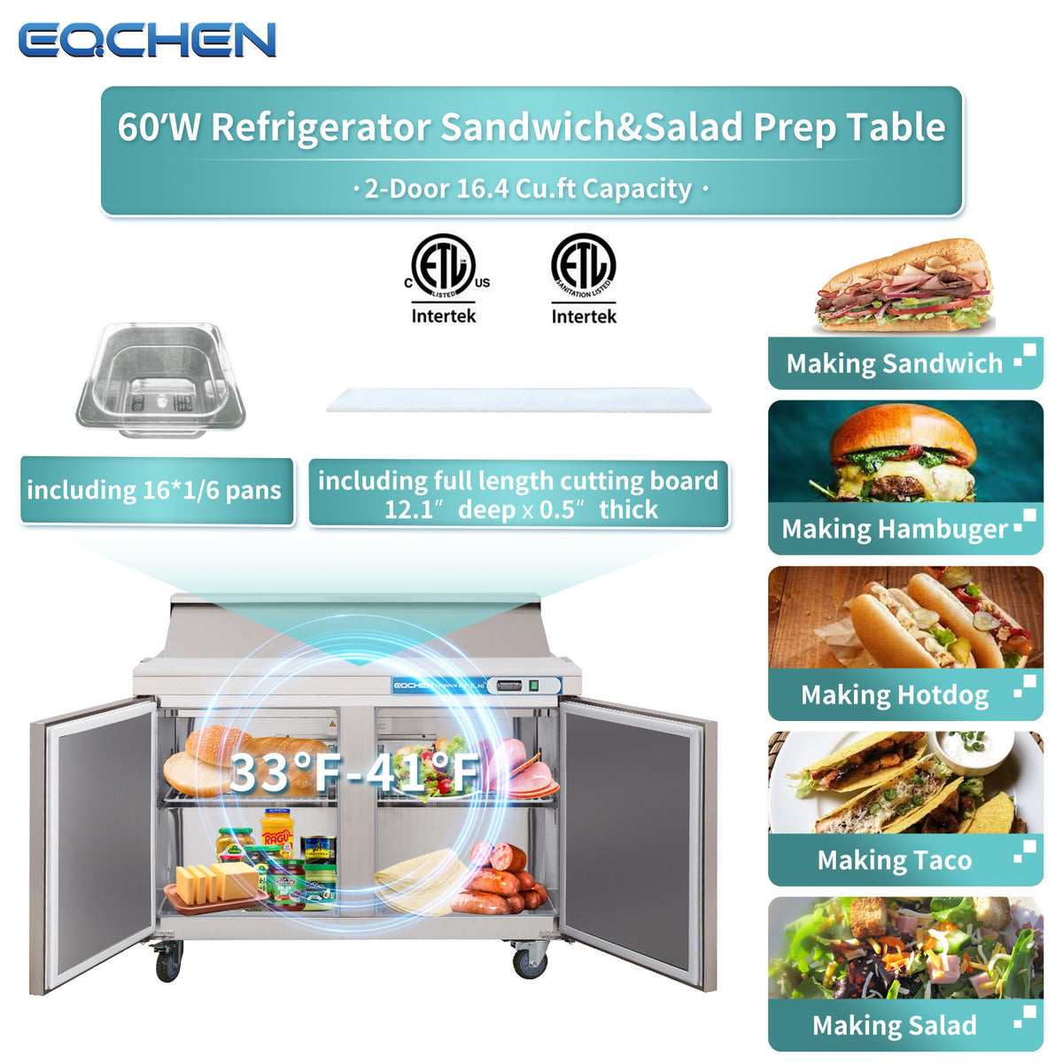 EQCHEN EQSR-60B 60" Commercial Sandwich and Salad Prep Table Refrigerator, Stainless Steel