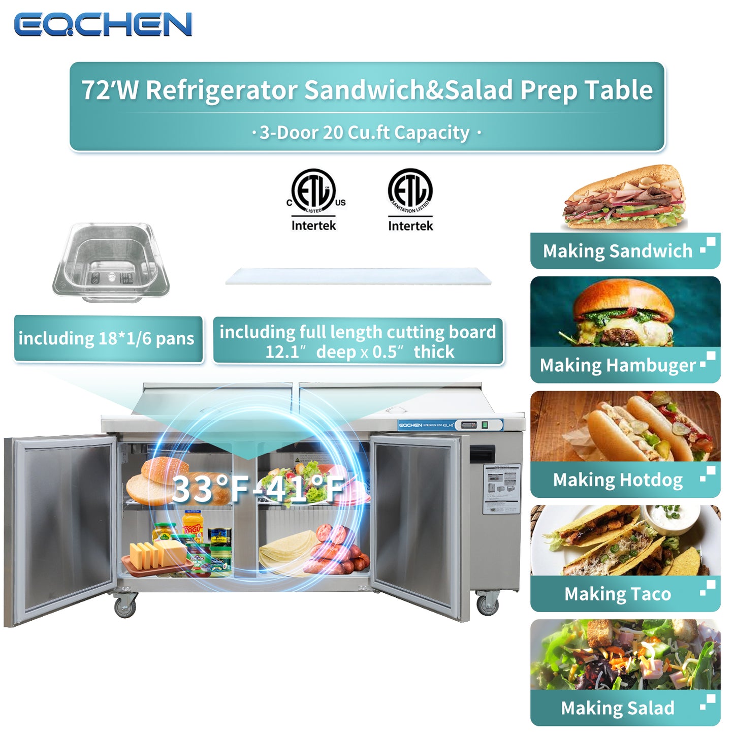 EQCHEN EQSR-72B 72" Commercial Sandwich and Salad Prep Table Refrigerator, Stainless Steel