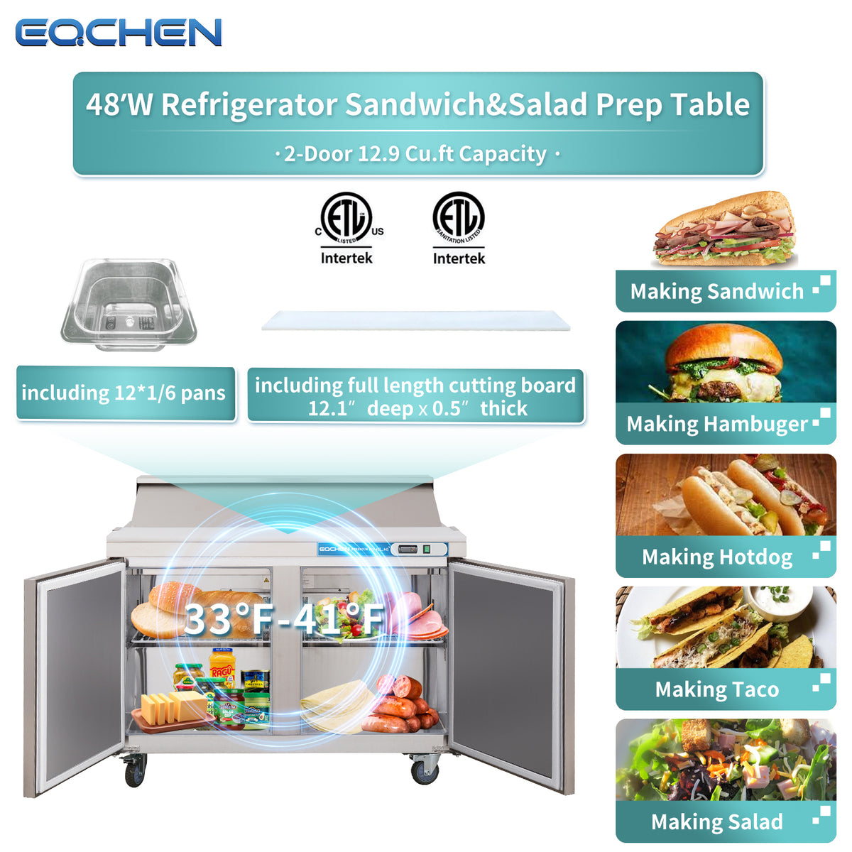 EQCHEN EQSR-48B 48" Commercial Sandwich and Salad Prep Table Refrigerator, Stainless Steel
