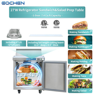 EQCHEN 27 Inch Sandwich Prep Table Refrigerator Stainless Steel