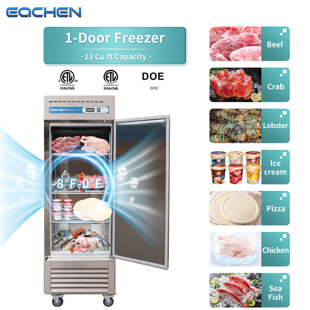 EQCHEN EQF-23B 27" Reach-In Single Door Commercial Upright Freezer, Stainless Steel