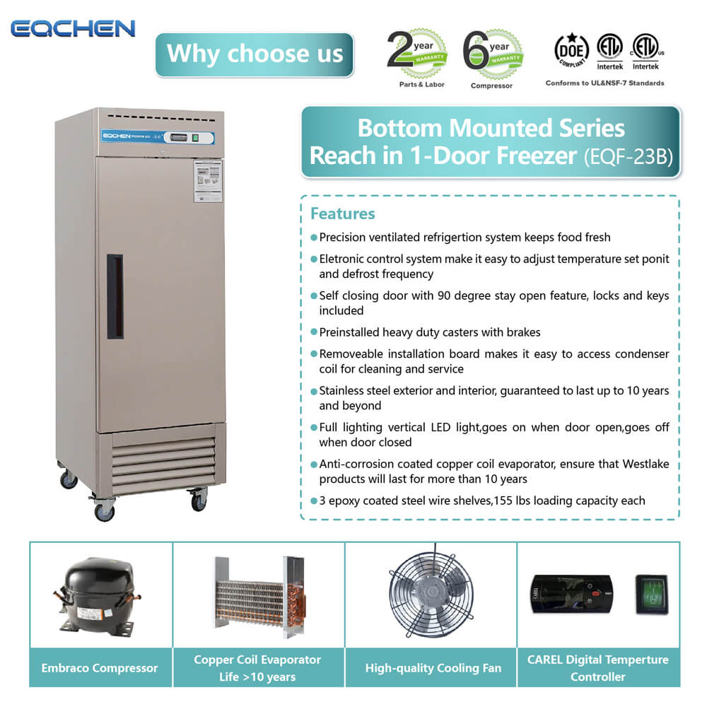 EQCHEN EQF-23B 27" Reach-In Single Door Commercial Upright Freezer, Stainless Steel