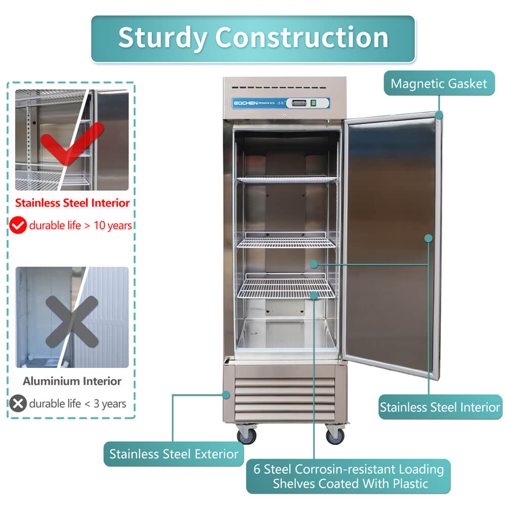 EQCHEN EQF-23B 27" Reach-In Single Door Commercial Upright Freezer, Stainless Steel