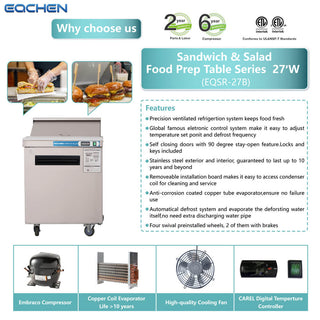 27 inch Salad Sandwich Prep Table Refrigerator, Stainless Steel Single Door Food Prep Cooler Stainless Steel