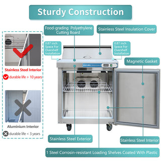 27 inch Salad Sandwich Prep Table Refrigerator, Stainless Steel Single Door Food Prep Cooler Stainless Steel
