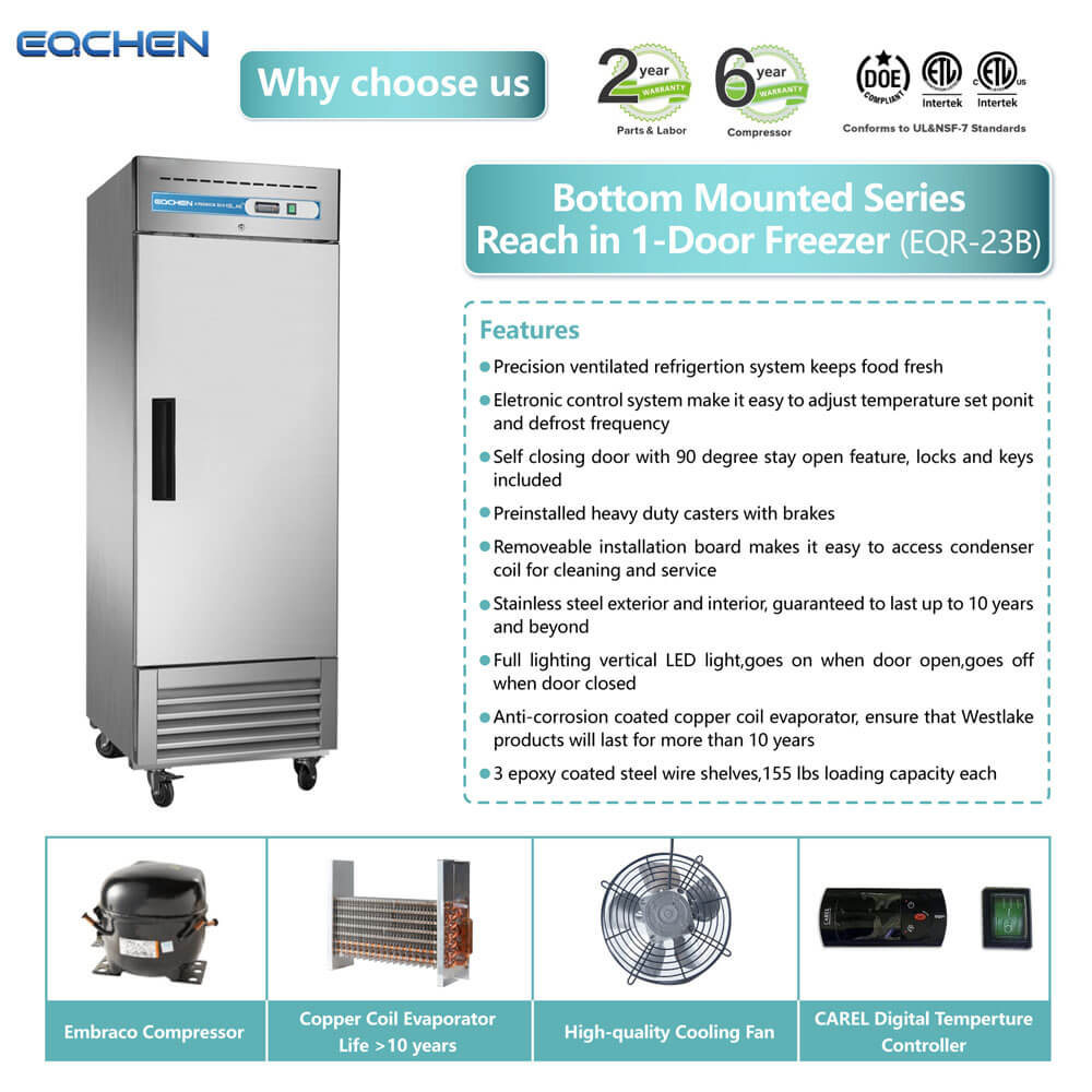 EQCHEN EQR-23B 27" Reach-In Commercial Single Door Refrigerator, Stainless Steel