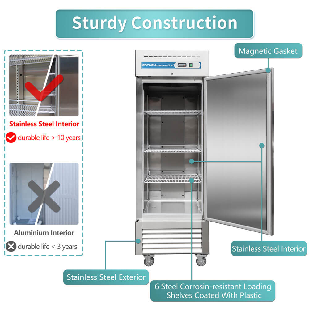 EQCHEN 27 Inch 1 Door Commercial Refrigerator Stainless Steel