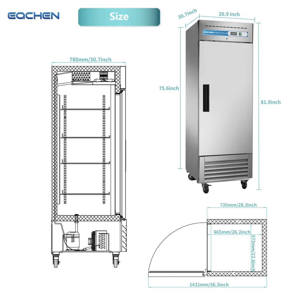 EQCHEN EQR-23B 27" Reach-In Commercial Single Door Refrigerator, Stainless Steel
