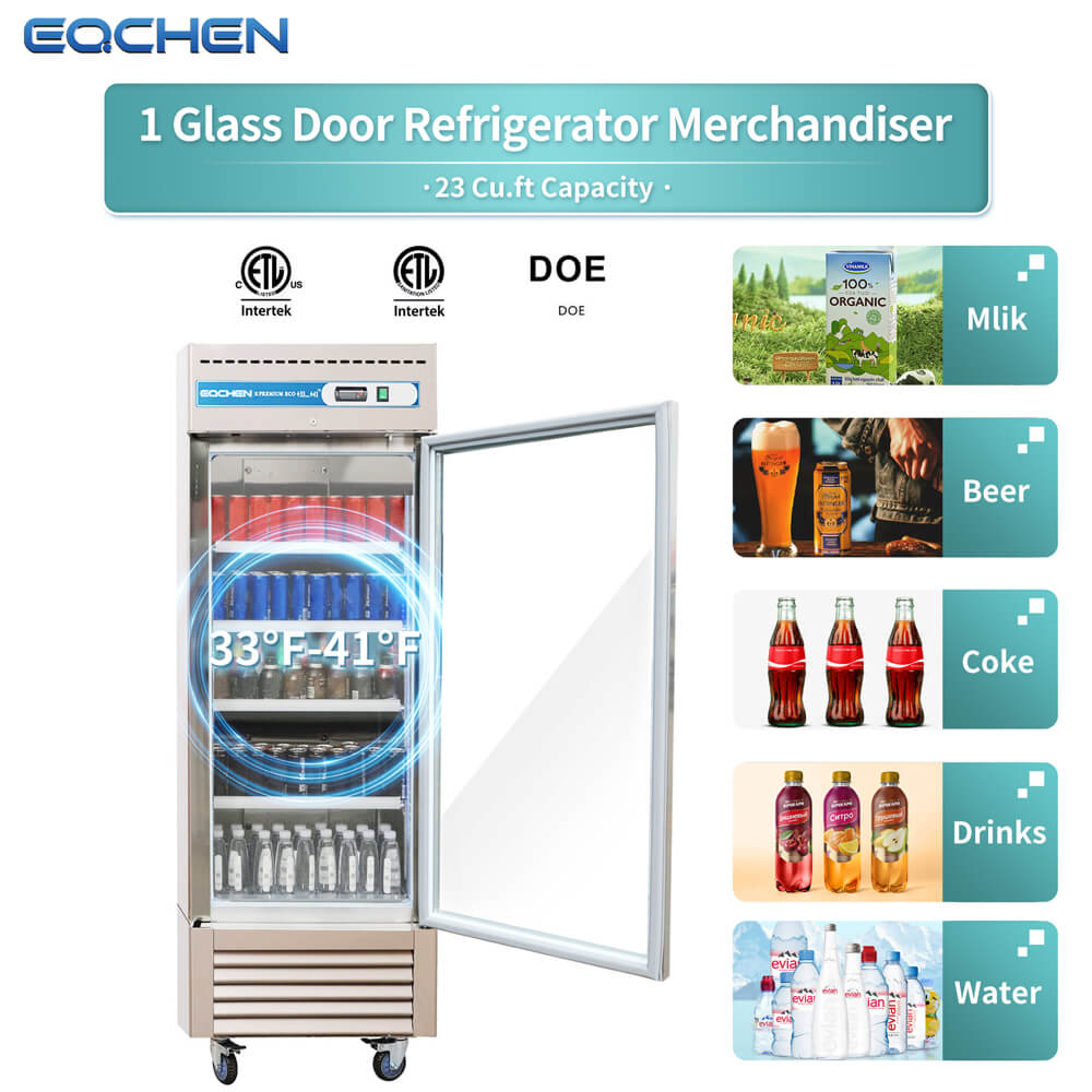 1 Door Commercial Beverage Refrigerator, EQCHEN 27 Inch Commercial Glass Door Refrigerator - 