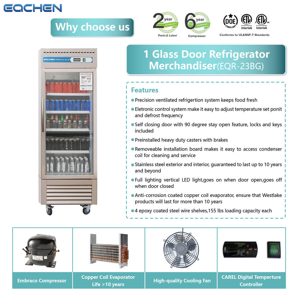 1 Door Commercial Beverage Refrigerator, EQCHEN 27 Inch Commercial Glass Door Refrigerator - 