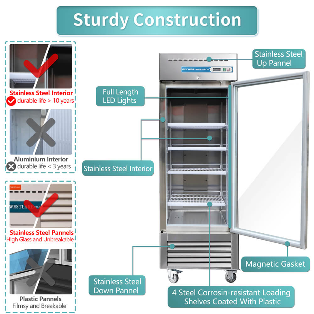 EQCHEN 27 Inch 1 Glass Door Commercial Refrigerator Stainless Steel