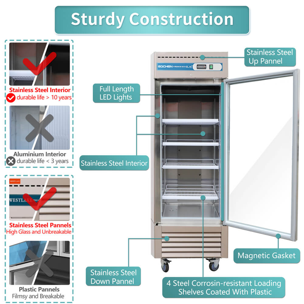 1 Door Commercial Beverage Refrigerator, EQCHEN 27 Inch Commercial Glass Door Refrigerator - 