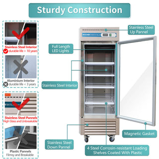 1 Door Commercial Beverage Refrigerator, EQCHEN 27 Inch Commercial Glass Door Refrigerator Stainless Steel