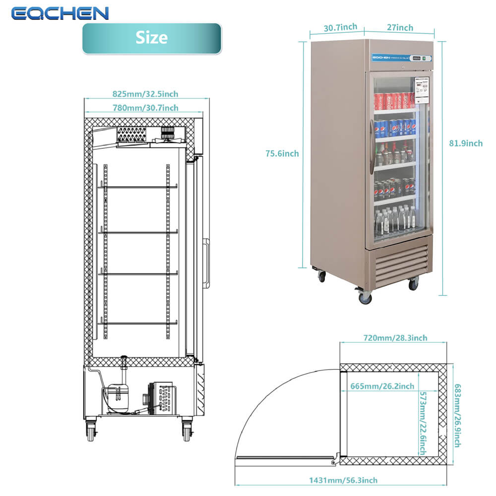 1 Door Commercial Beverage Refrigerator, EQCHEN 27 Inch Commercial Glass Door Refrigerator