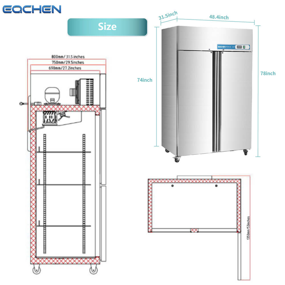 EQCHEN EQ-48F 48" Reach-In Commercial Double Door Freezer, Stainless Steel
