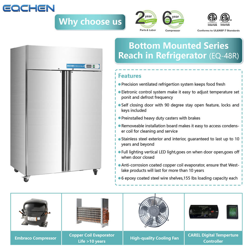 EQCHEN EQ-48R 48" Reach-In Commercial Double Door Refrigerator, Stainless Steel