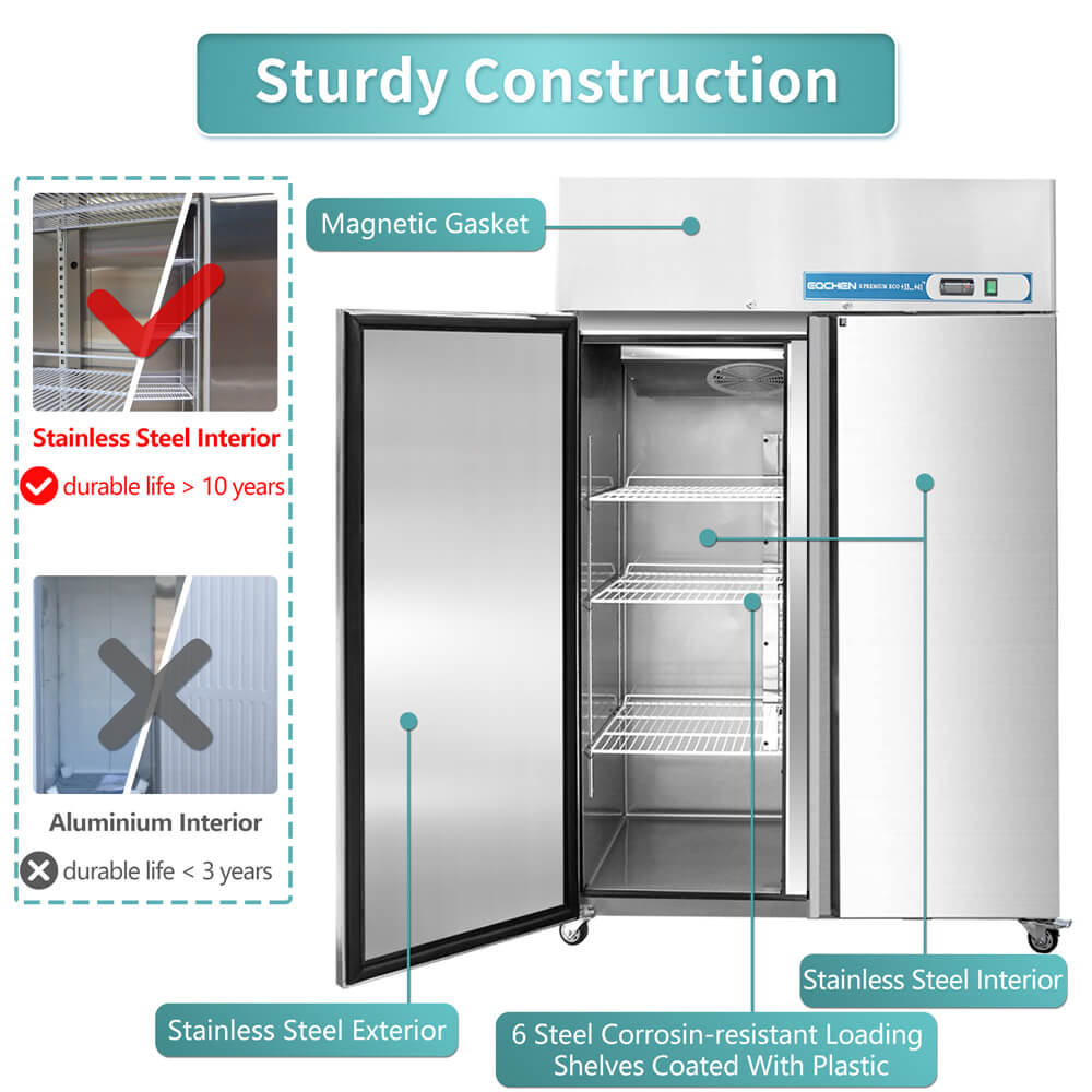 EQCHEN 48 Inch 2 Door Commercial Refrigerator Stainless Steel