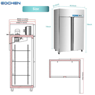 EQCHEN 48 Inch 2 Door Commercial Refrigerator Stainless Steel