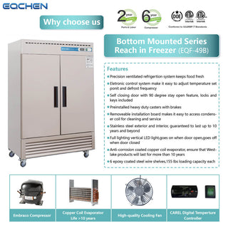 EQCHEN 54 Inch 2 Door Commercial Freezer Stainless Steel