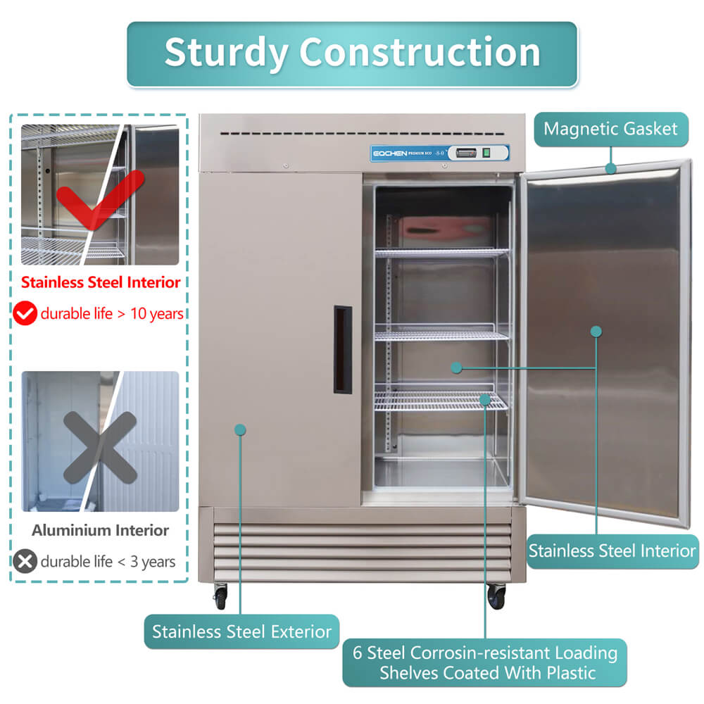 EQCHEN 54 Inch 2 Door Commercial Freezer Stainless Steel