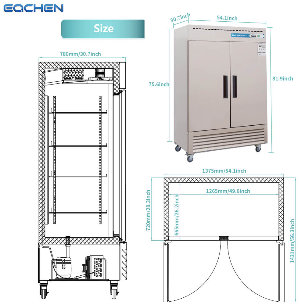 EQCHEN EQF-49B 54" Reach-In Commercial Double Door Freezer, Stainless Steel